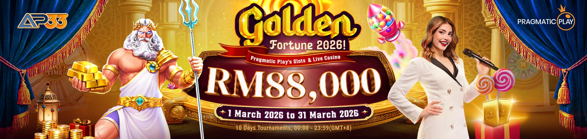 AP33 Golden Fortune 2026 promotion banner featuring Pragmatic Play with RM88,000 prize pool from 1 March to 31 March 2026.