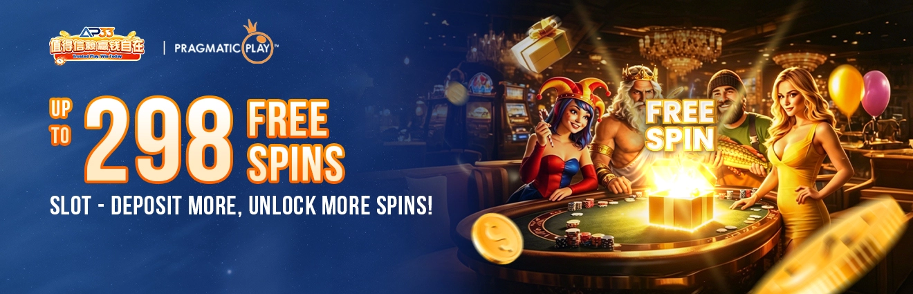 AP33 x Pragmatic Play promotion offering up to 298 free spins, featuring slot-themed characters, a glowing reward chest, and a premium casino environment.
