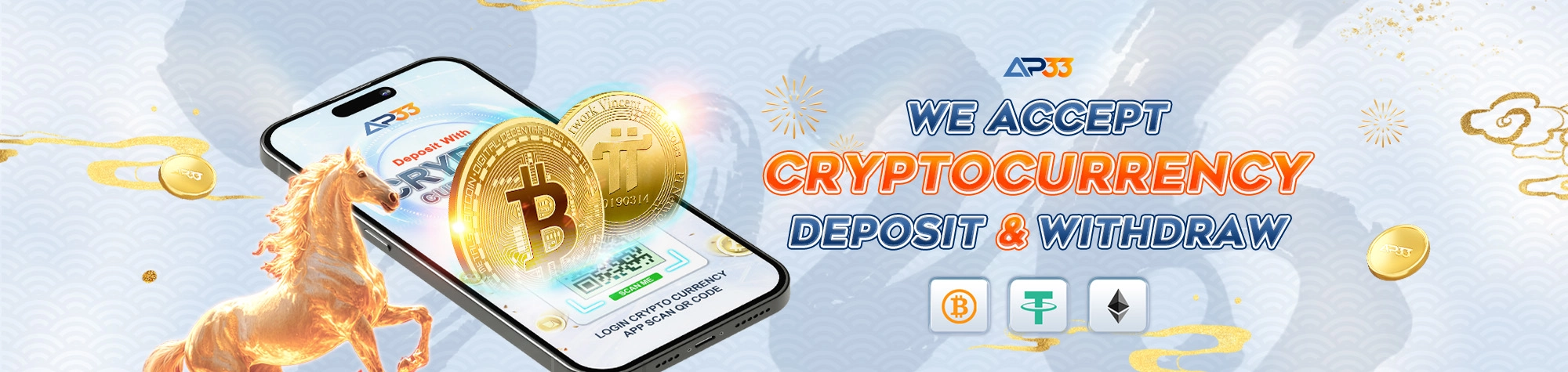 AP33 cryptocurrency payment banner featuring a smartphone, Bitcoin and Pi coins, with support for Bitcoin, USDT and Ethereum deposits and withdrawals.