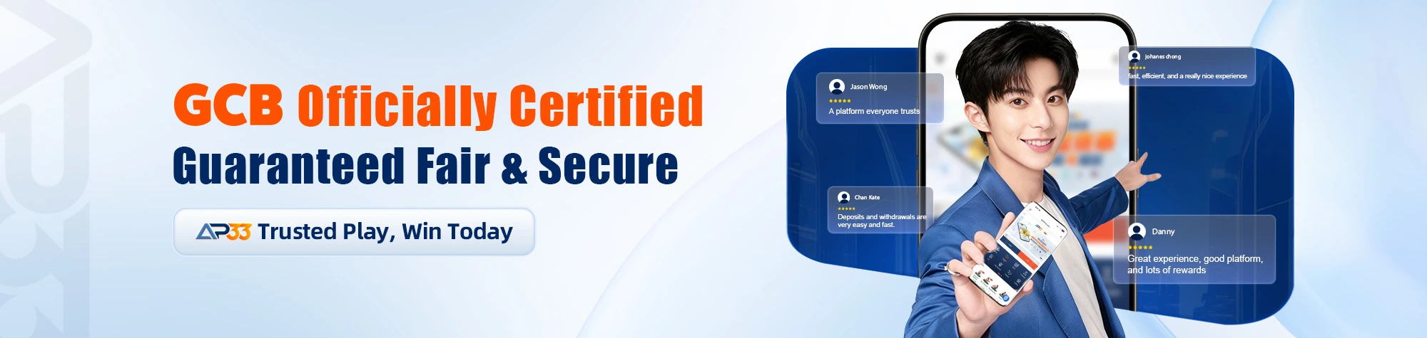 AP33 banner announcing official GCB certification for a fair and secure platform, featuring a presenter holding a smartphone and customer reviews.