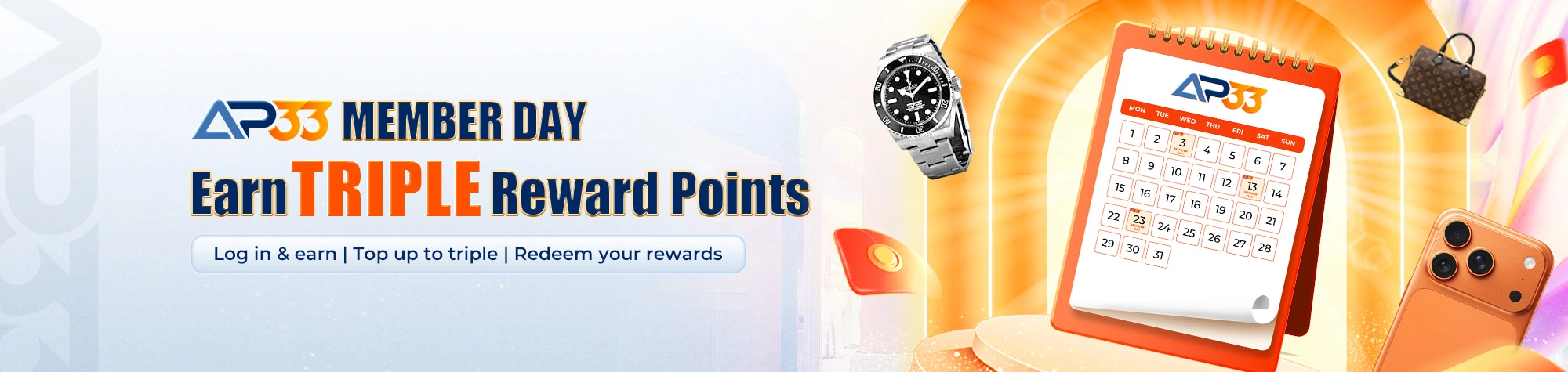 AP33 Member Day banner promoting triple reward points, featuring a calendar, luxury watch, smartphone, handbag and red packets.